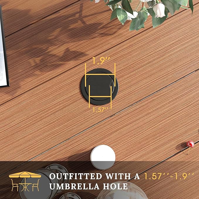 VICLLAX 63" Outdoor Round Patio Table with Umbrella Hole, All Weather Metal Round Outdoor Dining Table for Lawn Garden, 8-10 Person Table, Walnut Wood Grain
