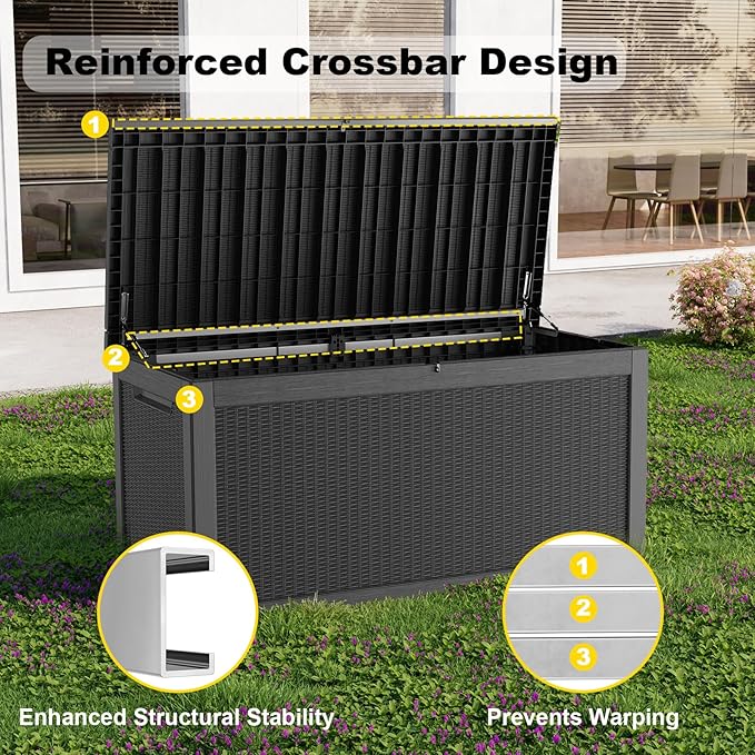 ROJIK Outdoor Storage Housing Deck Box,Waterproof Patio Furniture, Garden Tools, Cushions, Pool Accessories Storage Bench with Lockable Lid and Side Handles (Black,320 Gallon)