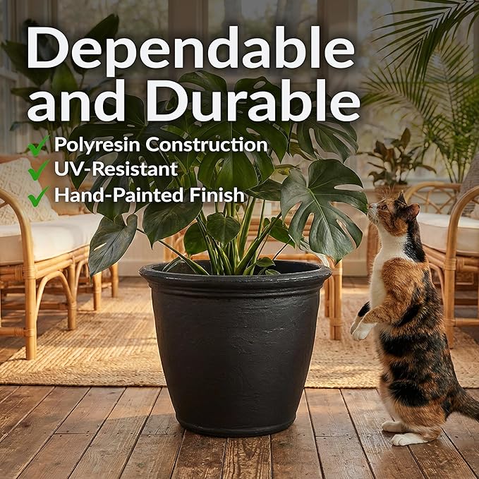 Sunnydaze 24-Inch Anjelica Large Plastic Pot for Plants - Outdoor Double-Walled Large Plastic Planter with Drillable Drainage Holes - Matte Black - 2pk