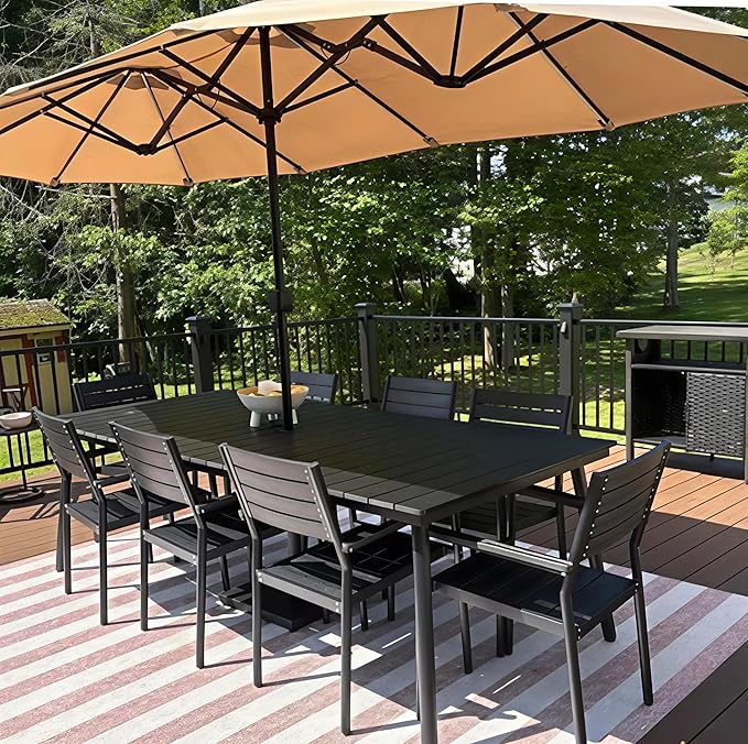 83" Patio Outdoor Dining Table for 6-8, Weather-Resistant Wood-Grain Top with Aluminum Frame & Umbrella Hole for Deck Gatherings, Black