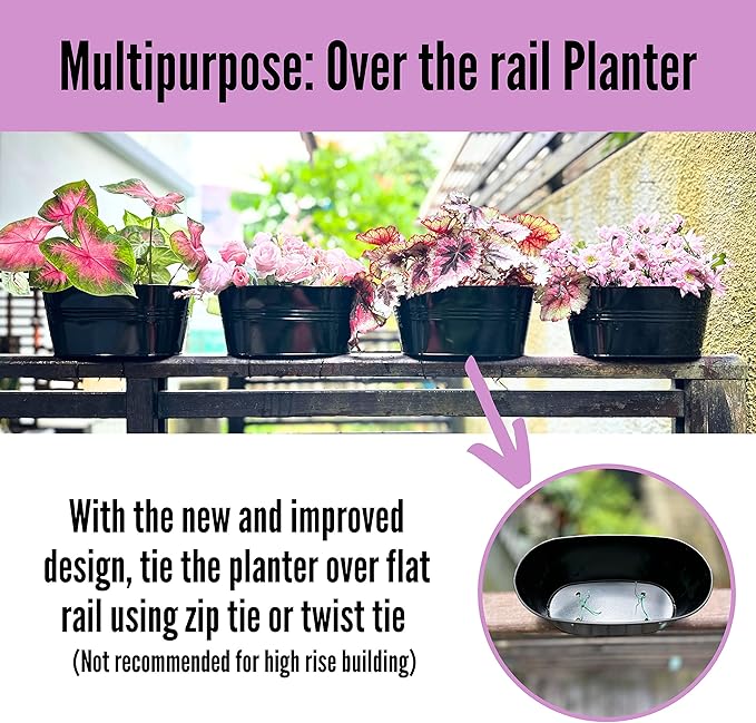 LaLaGreen Rail Planter Outdoor Plants (11.8 Inch, 2 Pack) Black Metal Iron Fence Hanging Flower Pots Deck Railings Buckets Countryside Boho Style Wall Mount Window Box Plant Holder Hooks Porch Decor