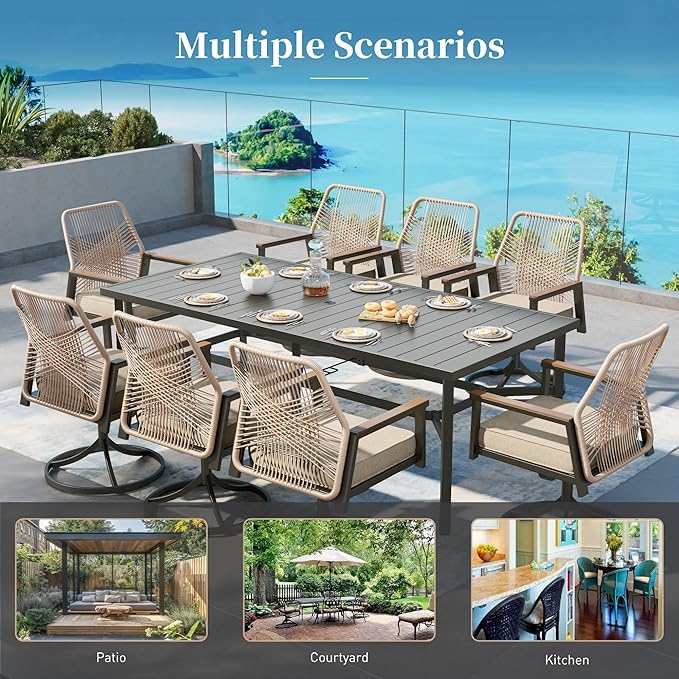 Patio Dining Set 9 Piece, 8 x Woven Rattan Swivel Chairs with Waterproof Cushion, 83" Rectangular Metal Dining Table with Umbrella Hole, Outdoor Table and Chairs Set for Backyard Lawn and Deck, Beige