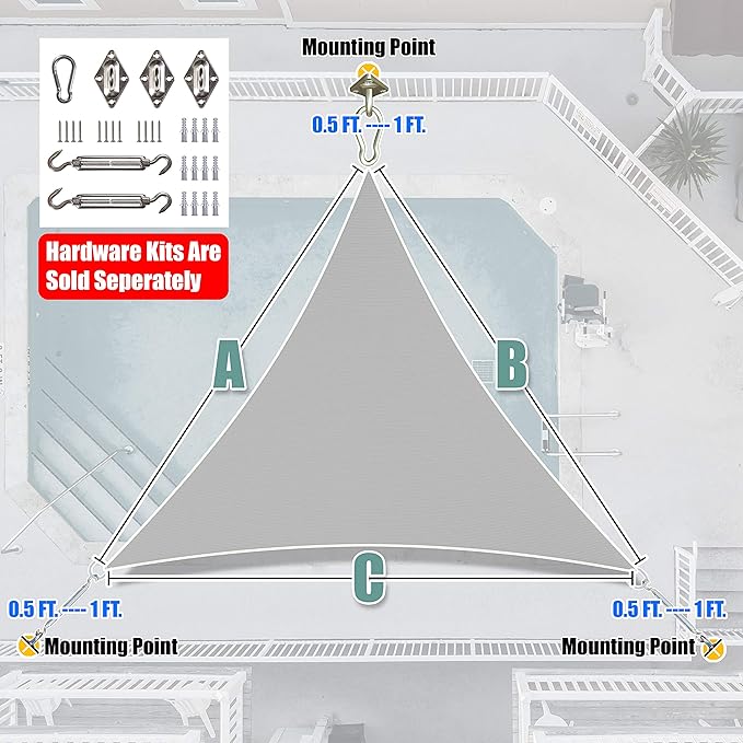 Amgo Custom Size 14' x 14' x 14' Gray Triangle Sun Shade Sail UPF50+ AGTAPRT12, Order to Make Canopy Awning, 95% UV Blockage, Water & Air Permeable, Commercial Standard (We Customize)