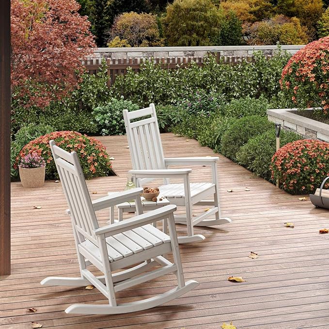 HDPE Rocking Chair Outdoor Set of 2 with Side Table - Poly High Back Porch Rocker Chairs for Adults - All Weather Resistant Furniture for Patio Front Porch - White