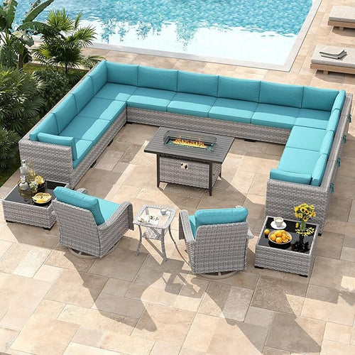 14-Seat Outdoor Wicker Patio Furniture Set with Fire Pit Table, Modular Rattan Sectional Sofa & 2 Swivel Rocking Chairs, 4" Thick Cushions, Rust-Resistant Frame,Blue