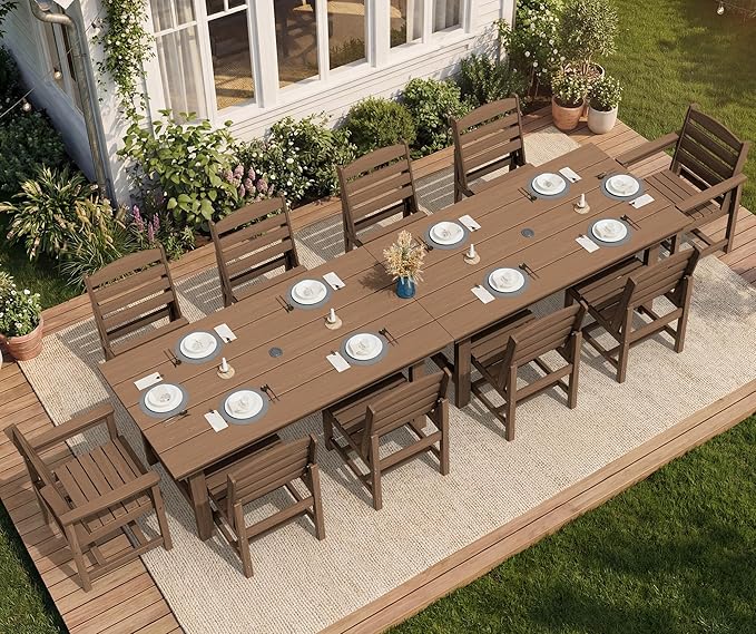 SERWALL Patio Dining Sets for 6 Person, HDPE Dining Set with 6 Armless Chairs, Brown