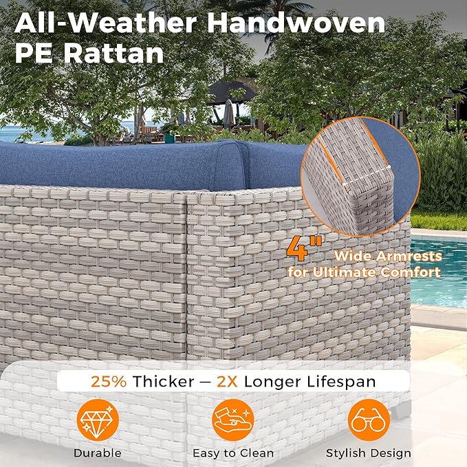 10-Seat Modern Patio Furniture Set with Swivel Rocking Chairs, Thick 4″ Cushions, Dual-Strand Wicker Rattan, Rust-Resistant Steel Frame – Outdoor Conversation & Modular Sectional,Navy