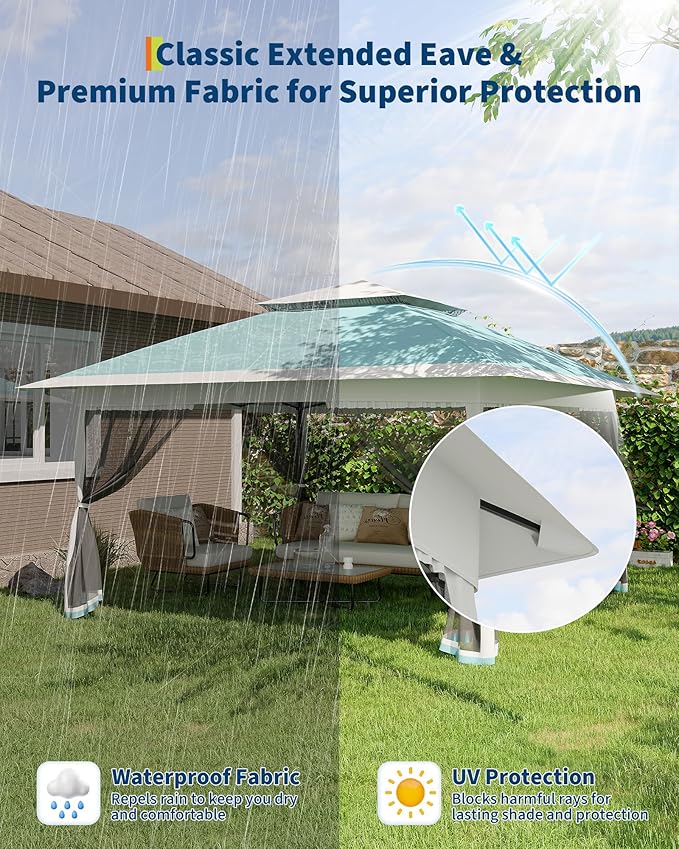 Canopy Tent 12x12 ft, Pop Up Gazebo One-Push Setup with 4 SandBags for Backyard Parties and BBQs, Mosquito Netting & Height Adjustable - Lake Blue