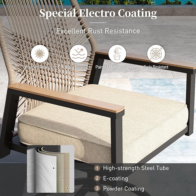 7 Pieces Patio Dining Set, 6 x Woven Rattan Chairs with Waterproof Cushion, 59" Rectangular Metal Dining Table with Umbrella Hole, Outdoor Table and Chairs Set for Backyard Lawn and Deck, Beige