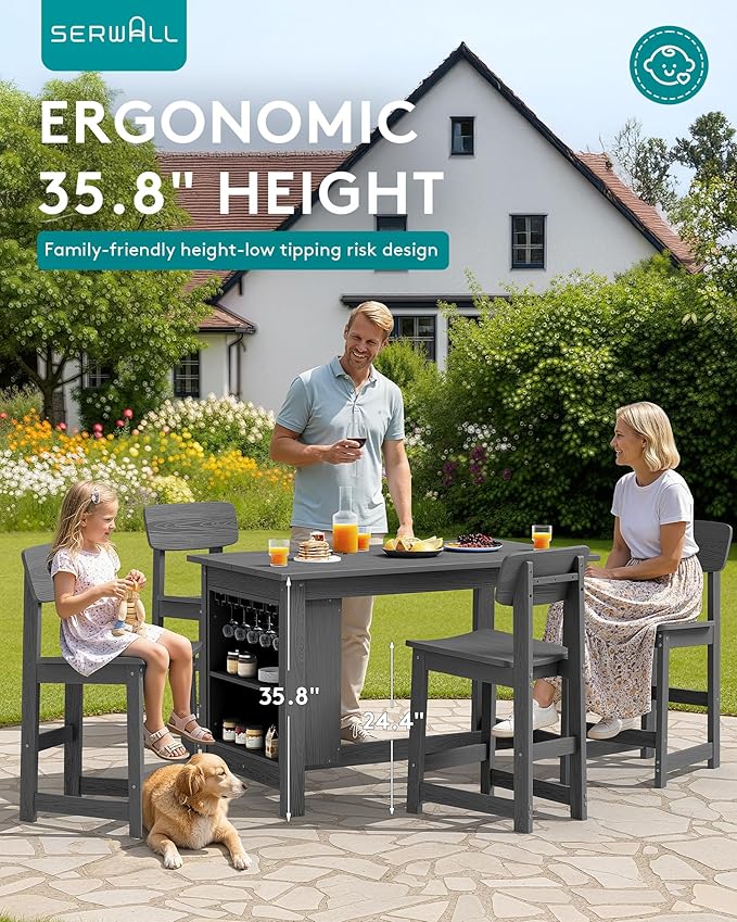 SERWALL Outdoor Bar Table and Chairs Set, 5-Piece HDPE Counter Height Patio Dining Sets with Storage and Wine Rack, Rectangular High Top Bar Table with 4 Bar Stools for Garden, Backyard, Gray