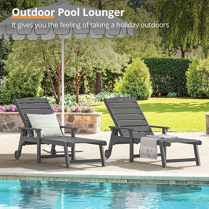 LUE BONA Outdoor Chaise Lounge Chairs Set of 2, HDPS Chaise Lounger, 5 Positions Adjustable Lounge Chairs, Pool Lounge Chair with Wheels for Poolside, Hotel, Restaurant, 3 Year Warranty, Dark Gray