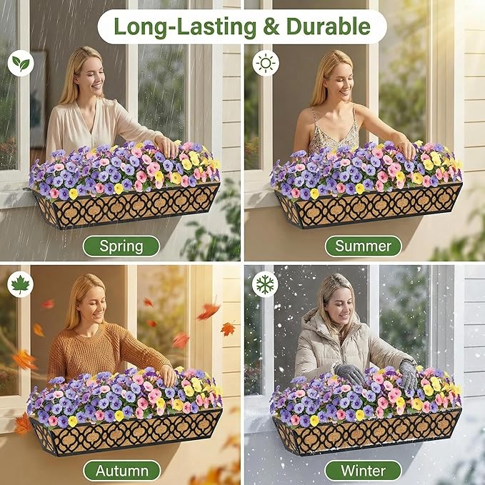 Y&M 30 inch Window Planter Box 2Pcs Iron Window Deck Railing Planter with Coco Liner, Metal Horse Troughs Fence Planter for Outdoor Balcony Rail Fence Porch Patio