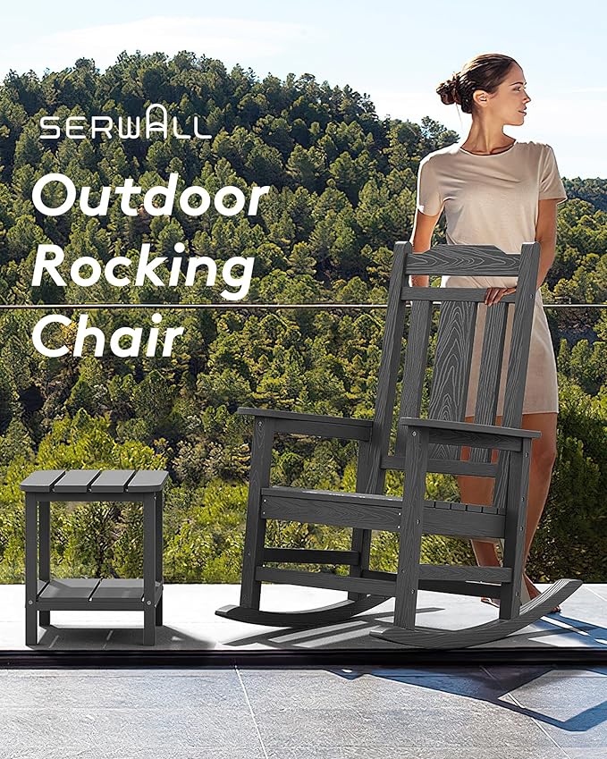 SERWALL Oversized Rocking Chair Set of 2 Outdoor, HDPE Outdoor Rocking Chair Set of 2, Grey