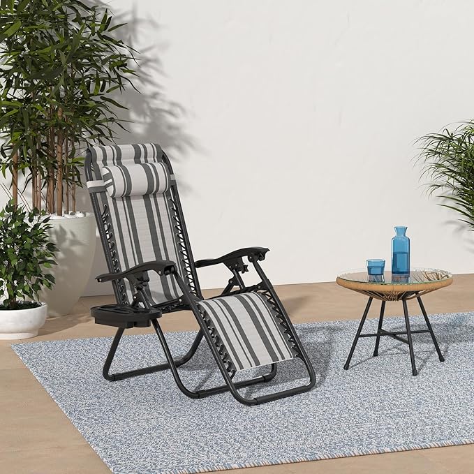 Best Choice Products Set of 2 Adjustable Steel Mesh Zero Gravity Lounge Chair Recliners w/Pillows and Cup Holder Trays - Gray Stripes