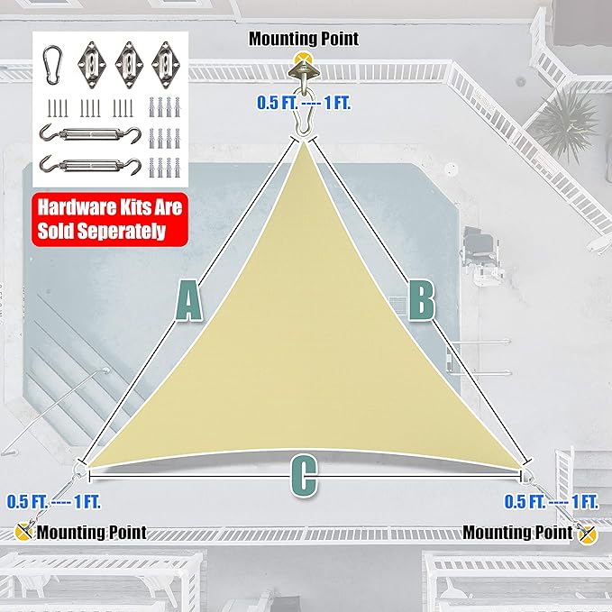 Amgo Custom Size 23' x 23' x 23' Sand Beige Triangle Sun Shade Sail UPF50+ AGTAPRT12, Order to Make Canopy Awning, 95% UV Blockage, Water & Air Permeable, Commercial Standard (We Customize)