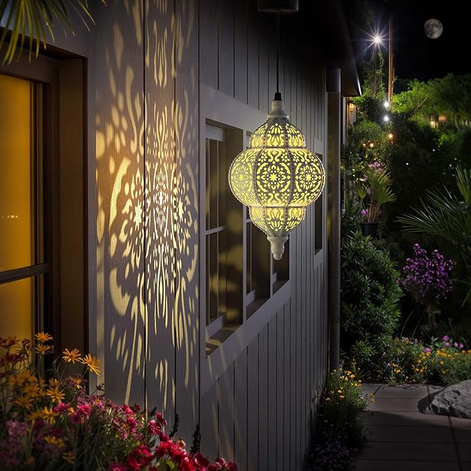 Hanging Solar Lights Outdoor Garden Decor Solar Lantern Waterproof Plastic Moroccan Outdoor Decorations for Patio Pathway Yard Backyard Garden Decorative (2, White)