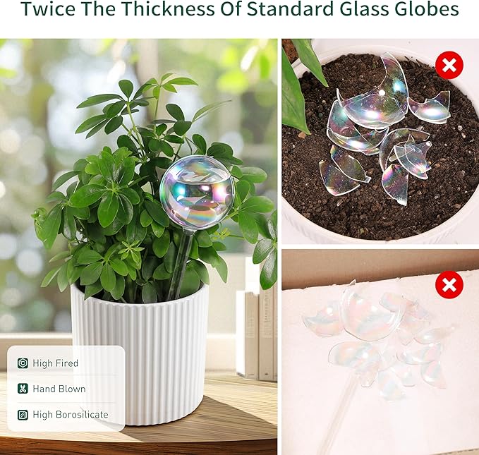 Extra-Thick Clear Glass Plant Watering Globes, Rainbow Gradient Self Watering Globes, Automatic Plant Waterer, Self Watering Planter Insert Spikes Devices for Everyday or Vacation Use, 6-Pack