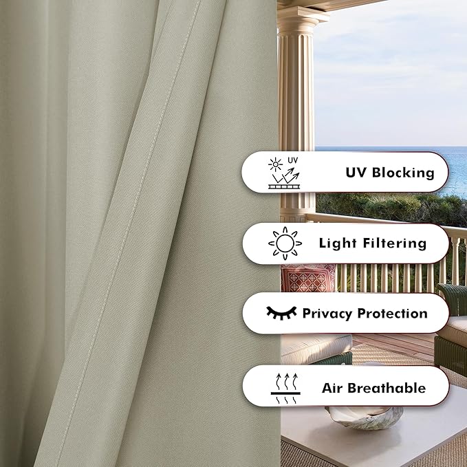 BONZER Waterproof Indoor/Outdoor Curtains for Patio Thick Privacy Wide Grommet Curtains for Bedroom, Living Room, Porch, Pergola, Cabana, 1 Panel, 110W x 108L inch, Taupe