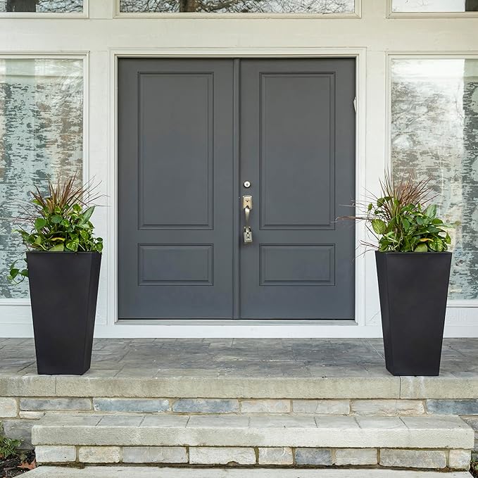 Step2 Tremont Tall Square Tapered Planter, Large Planters for Outdoor Plants, Gardening and Flower Pot for Patio or Porch, Efficient Drainage, Durable Plastic, Onyx Black, 2-Pack