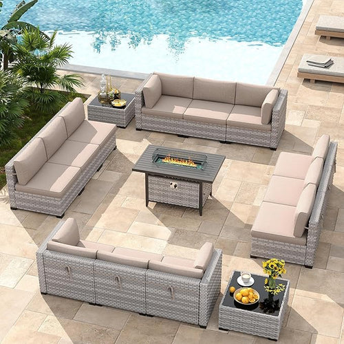 12-Seat Modern Outdoor Wicker Rattan Patio Furniture Set with 55,000 BTU Fire Pit Table, Thick 4″ Cushions, All-Weather Dual-Strand Rattan, Rust-Resistant Steel Frame,Beige