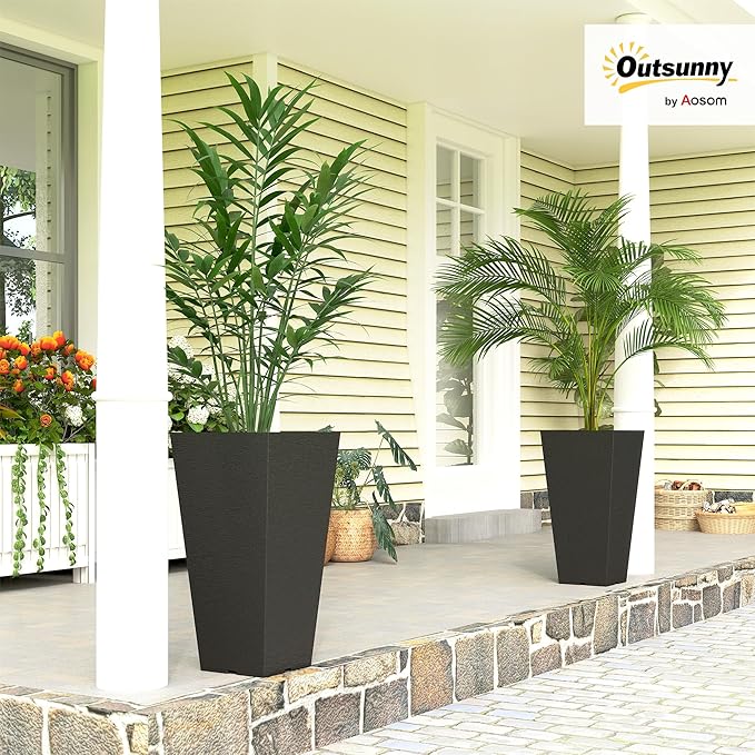 Outsunny 23 Inch Tall Planters for Outdoor Plants, Set of 2 Plastic Flower Pots, Weather and UV Resistant Stackable Tapered Large Planters for Front Door Patio Garden Use, Black