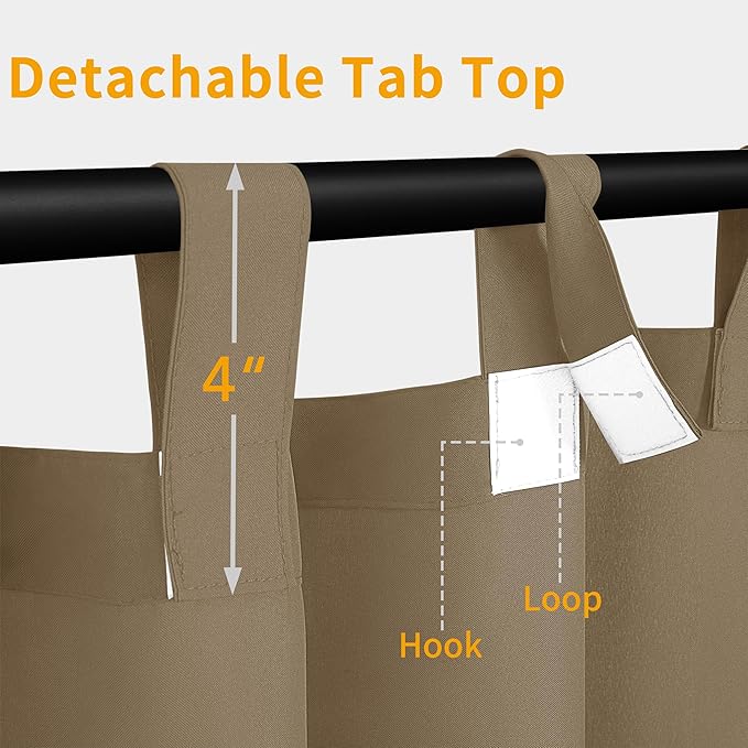 Easy-Going Outdoor Patio Curtains Detachable Tab Top Windproof Weatherproof Curtain for Cabana, Porch, Pergola and Gazebo, Tab Bottom Drape, 2 Panels, 110W x 120L inch, Khaki