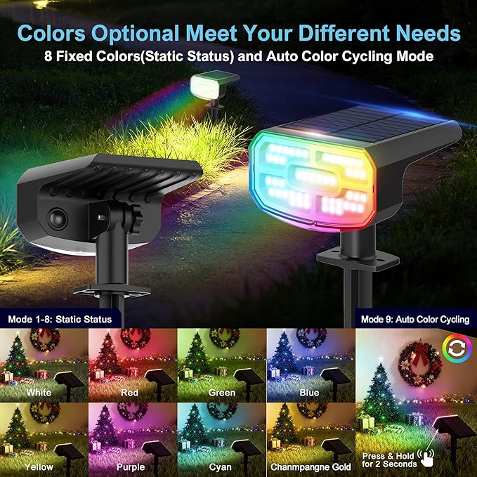 Color Changing Solar Spot Lights Outdoor Waterproof IP65,9 Lighting Modes Multicolor RGB Christmas Spotlight for Porches Yard Gardens Landscape Deconrations-4 Pack