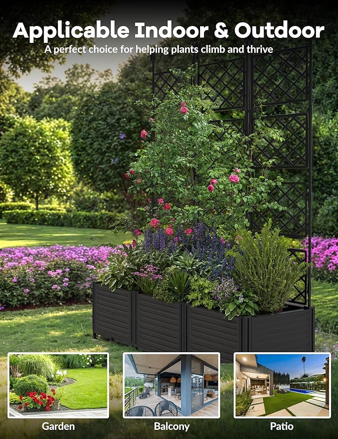 3 PCS Raised Garden Bed with Trellis,63" h Vertical Planter Box with Drainage Holes for Climbing Plants, Patio Privacy Screen & Balcony Garden