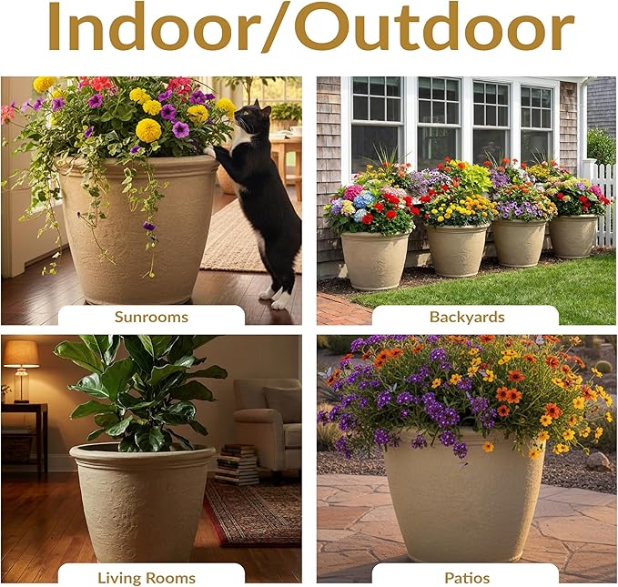 Sunnydaze 20-Inch Anjelica Large Plastic Pot for Plants - Outdoor Double-Walled Large Plastic Planter with Drillable Drainage Holes - Beige - 4pk