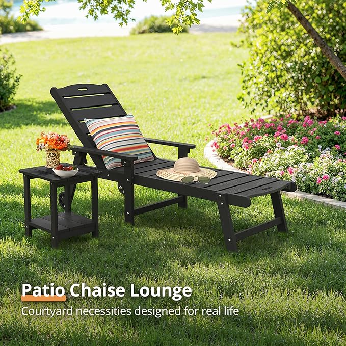 LUE BONA Outdoor Chaise Lounge, HDPS Chaise Lounger, 5 Positions Adjustable Lounge Chairs, Pool Lounge Chair with Wheels for Poolside, Backyard, Black