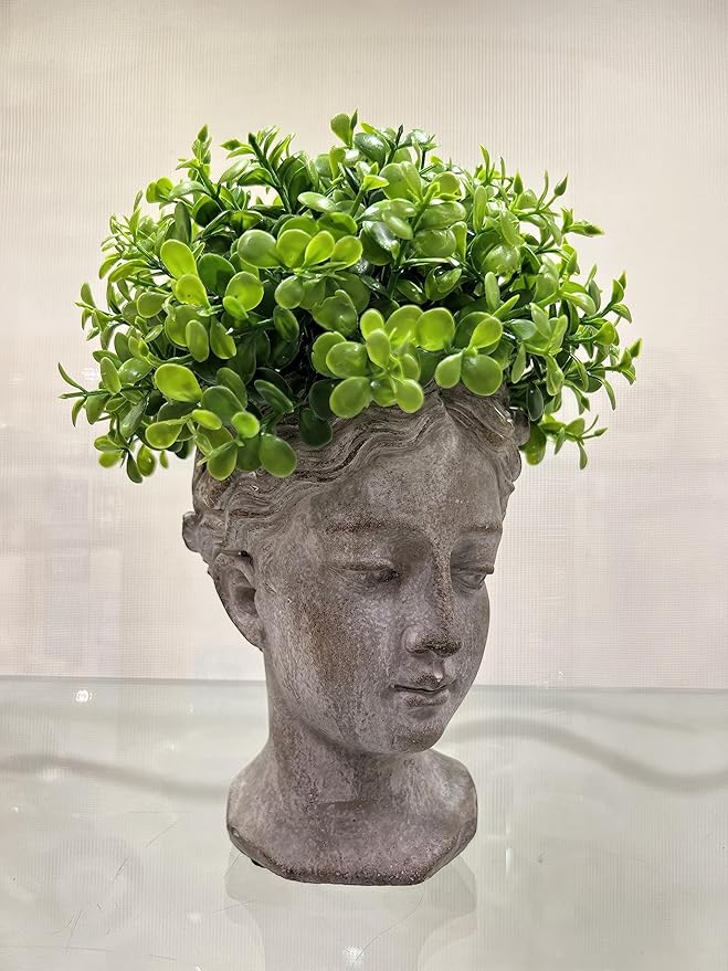 Abbott Collection Goddess Head Planter – Extra Small Cement Indoor and Outdoor Planter Pot – Grecian Woman Statue Head Planter for Flowers and Succulents (Grey, 6.5" Tall, 2.75" Opening)