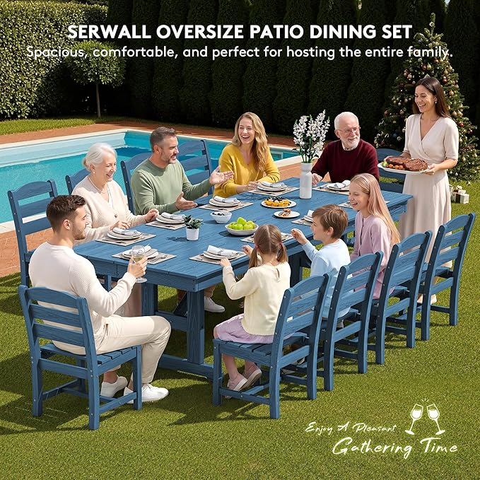 SERWALL Outdoor Dining Table, 84" Rectangular Dining Table for 6-10 Person, All Weather HDPE Outdoor Furniture for Backyard, Garden, Navy