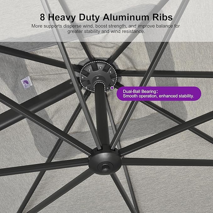 PURPLE LEAF Patio Umbrella 10' X 13' Rectangle Cantilever Umbrella Large Aluminum Outdoor Umbrellas with 360-degree Rotation & UPF40+ Premium Fabric for Deck Pool Garden Yard, Pebble Grey
