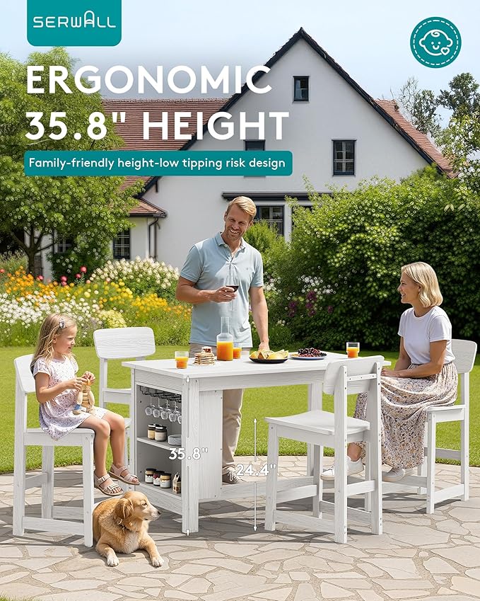SERWALL Outdoor Bar Table and Chairs Set, 5-Piece HDPE Counter Height Patio Dining Sets with Storage and Wine Rack, Rectangular High Top Bar Table with 4 Bar Stools for Garden, Backyard, White