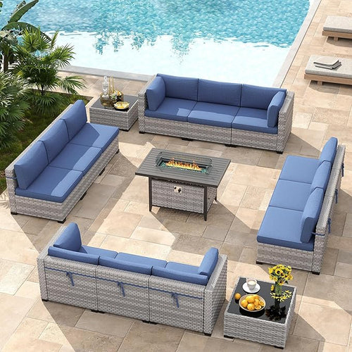 12-Seat Modern Outdoor Wicker Rattan Patio Furniture Set with 55,000 BTU Fire Pit Table, Thick 4″ Cushions, All-Weather Dual-Strand Rattan, Rust-Resistant Steel Frame,Navy