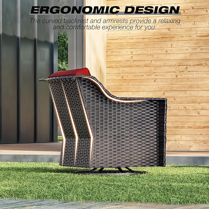 Joyside Wicker Patio Furniture Sets, 10 Pieces Upgraded Large Size Outdoor Furniture with 4 Swivel Rocking Patio Chairs, 3-Seat Sofa, Outdoor Ottoman, Thick Cushions, Wide Armrest, Red