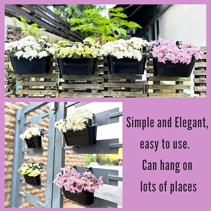 LaLaGreen Outdoor Rail Planter (11.8 Inch, 6 Pack) Black Metal Iron Hanging Flower Pots Deck Railings Fence Buckets Outside Countryside Boho Style Wall Mount Window Box Plant Holder Hook Porch Decor