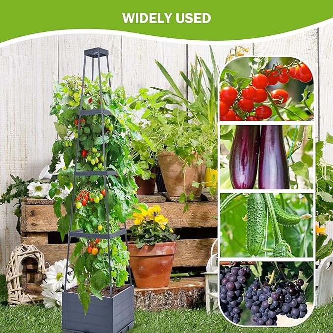 GENMOUS 4 Tiered Tomato Planter with Box Trellis, 56'' Raised Garden Bed Planter Boxes, Tomato Cages for Garden Patio Climbing Plants Vegetable Vine Flowers Outdoor & Indoor