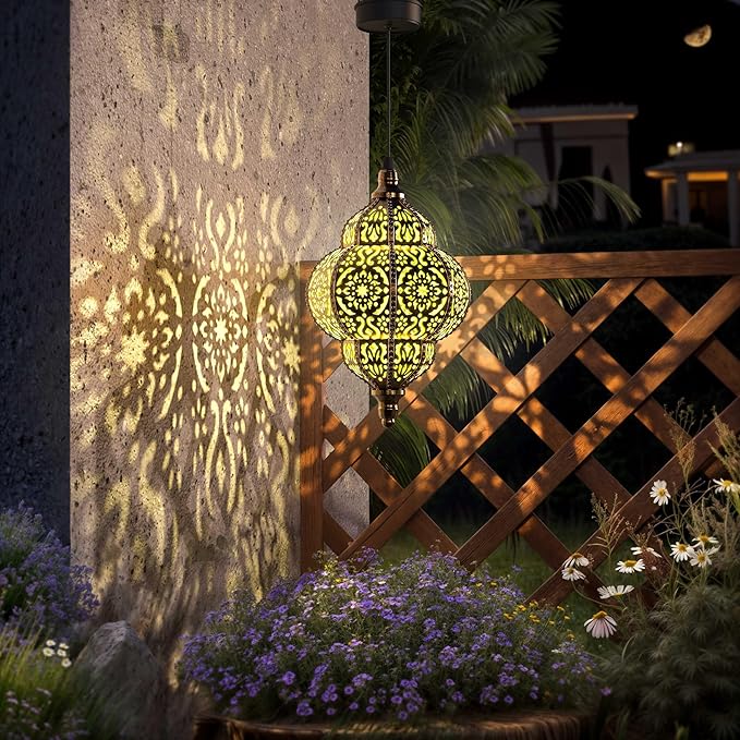 Hanging Solar Lights Outdoor Garden Decor Solar Lantern Waterproof Plastic Moroccan Outdoor Decorations for Patio Pathway Yard Backyard Garden Decorative (1 Pack, Bronze)