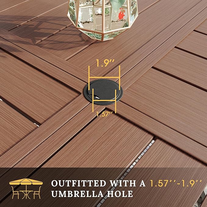 VICLLAX Round Patio Table with Adjustable Umbrella Hole for 6, All Weather Metal Outdoor Dining Table for Lawn Garden, 50" Outdoor Coffee Table, Walnut Wood-Like Tabletop