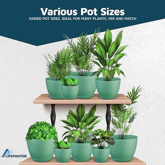 Planter Pots with Drainage Holes - Lightweight, Durable, & Space-Saving Pots for Indoor and Outdoor - Versatile Functionality, Simple Modern Design, Set of 5 Plastic Planter Pots Mint