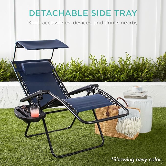 Best Choice Products Folding Zero Gravity Outdoor Recliner Patio Lounge Chair w/Adjustable Canopy Shade, Headrest, Side Accessory Tray, Textilene Mesh - Snow/Black