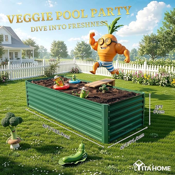 YITAHOME 4pcs 72x36x24 in Galvanized Raised Garden Bed Kit, Large Metal Planter Box with Gloves & Support Rod, Outdoor Flower Bed for Plants Vegetables, Green