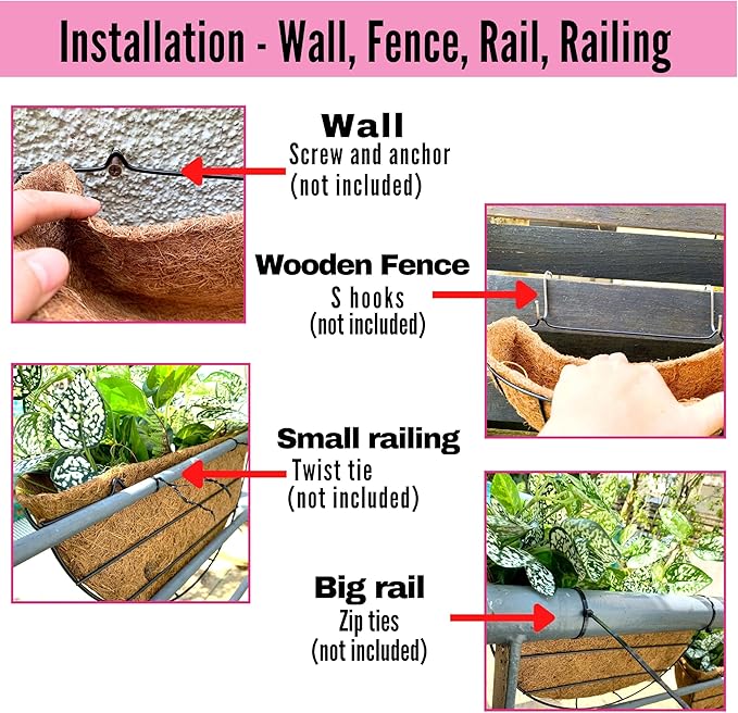 LaLaGreen 16 Inch Wall Hanging Planters - 2 Pack, Large Wall Mounted Flower Basket with Coco Liner, Black Metal Horse Trough Window Herb Pot Holder Outdoor Plants Fence Rail Railing Deck Porch Balcony
