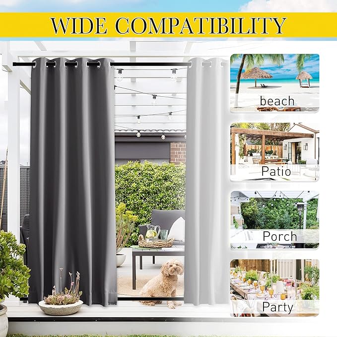 NICETOWN 2 Panels Blackout Outdoor Curtains for Patio Waterproof, Grommet & Back Tab on Top & Bottom Weighted Privacy Light & Sound Reducing for Porch with Bonus Rope for Fixed, Grey, W46 x L63