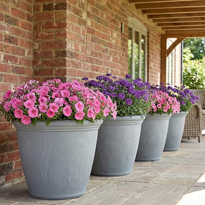 Sunnydaze 20-Inch Anjelica Large Plastic Pot for Plants - Outdoor Double-Walled Large Plastic Planter with Drillable Drainage Holes - Light Gray - 4pk