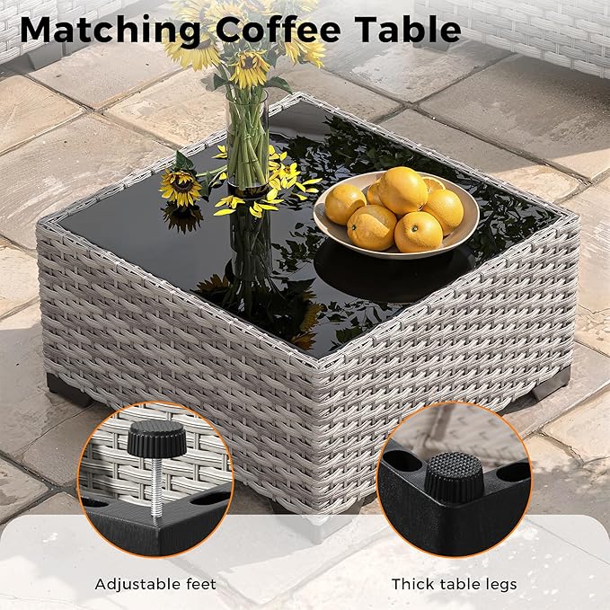 6-Seat Modern Outdoor Wicker Rattan Patio Furniture Set with 55,000 BTU Fire Pit Table, Thick 4″ Cushions, All-Weather Dual-Strand Rattan, Rust-Resistant Steel Frame,Navy