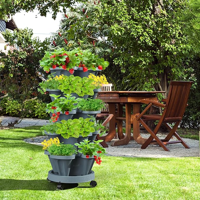 Strawberry Vertical Planters Tower Garden, 7 Tiered Stacking Herb Vegetable Planter with Support Pole Indoor and Outdoor - Dark Grey