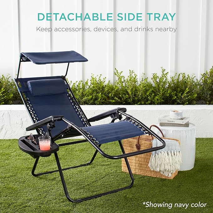 Best Choice Products Folding Zero Gravity Outdoor Recliner Patio Lounge Chair w/Adjustable Canopy Shade, Headrest, Side Accessory Tray, Textilene Mesh - Camouflage