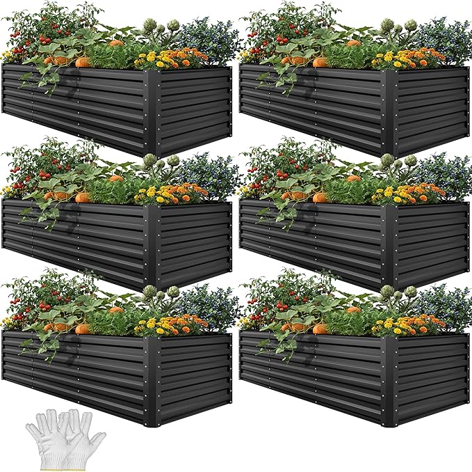 YITAHOME 6pcs 8x4x2 ft Galvanized Raised Garden Bed Kit, Large Metal Planter Box with Gloves, Safety Rubber & Support Rod, Outdoor Flower Bed for Plants Vegetables, Black